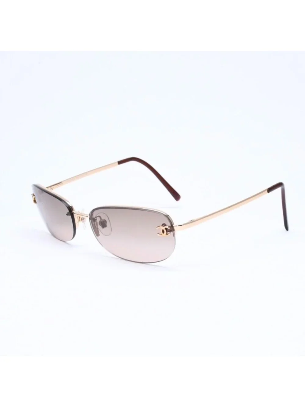 Chanel Half Rim Sunglasses Eyewear CC Logo Brown Gold